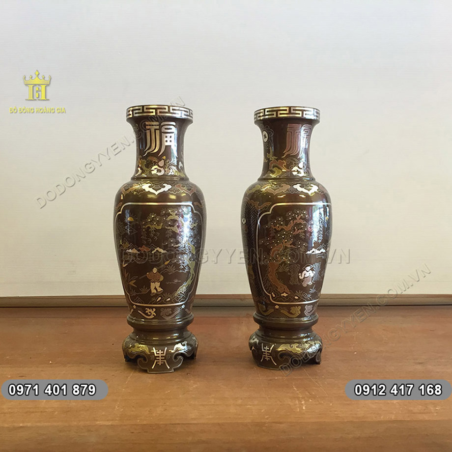 Đ&ocirc;i Lọ Hoa Bằng Đồng Khảm V&agrave;ng Bạc Đẹp Như Vẽ